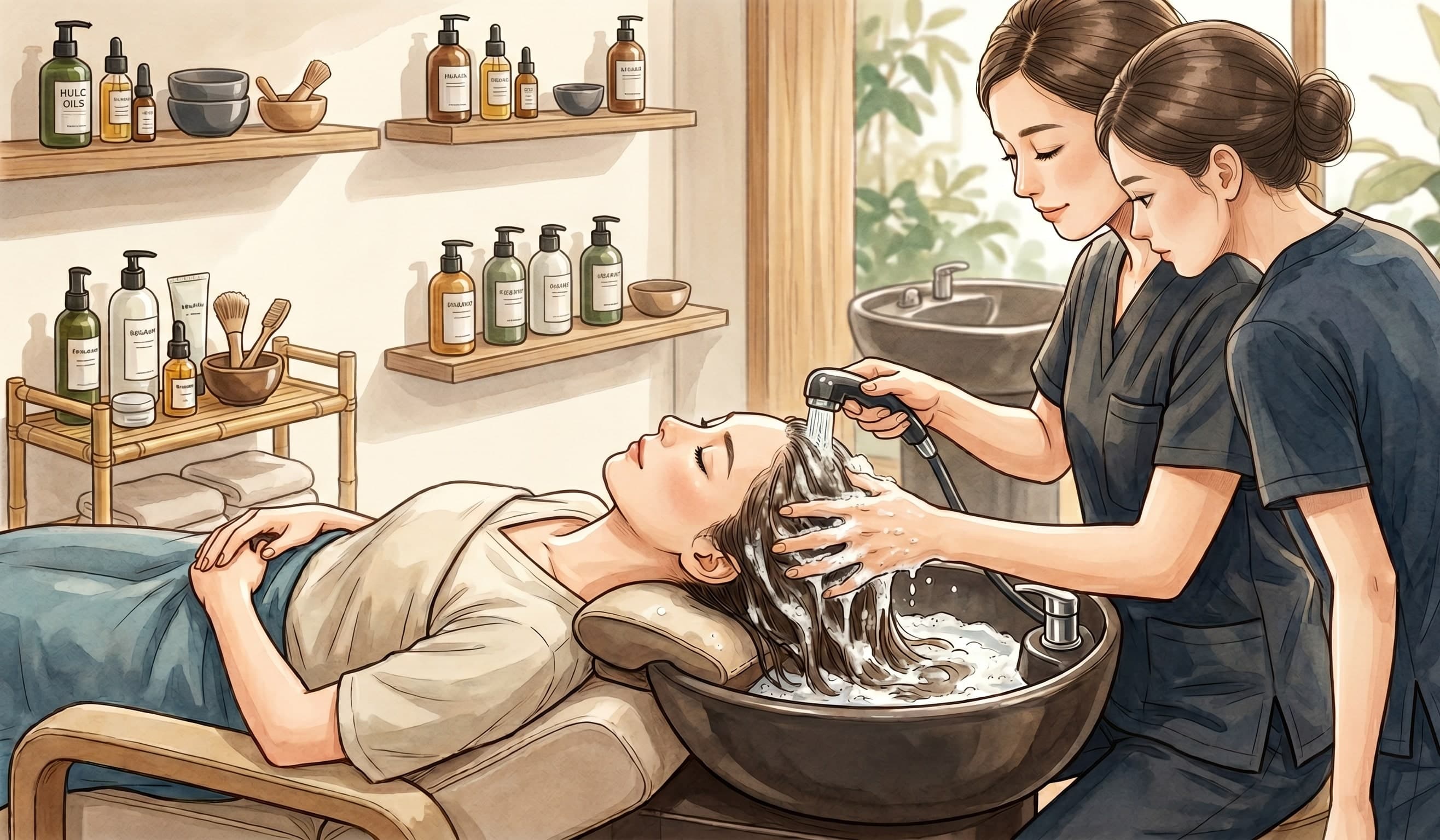 Praticienne head spa réalisant un soin du cuir chevelu sur une cliente, formée par sa collègue, dans un institut équipé d'un bac japonais et d'une étagère de produits capillaires bio